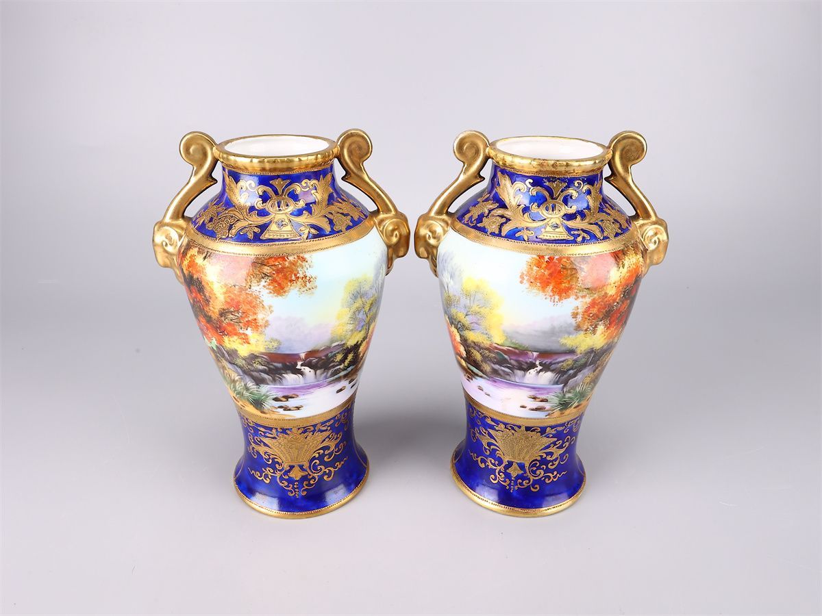 明治時代 Noritake 【オールドノリタケ】 瑠璃釉金彩山水紋 花瓶 2点 一対 高24㎝／本物保証 美品！CQ139