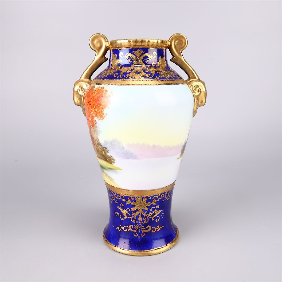 明治時代 Noritake 【オールドノリタケ】 瑠璃釉金彩山水紋 花瓶 2点