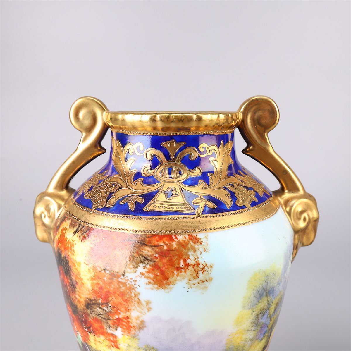 明治時代 Noritake 【オールドノリタケ】 瑠璃釉金彩山水紋 花瓶 2点