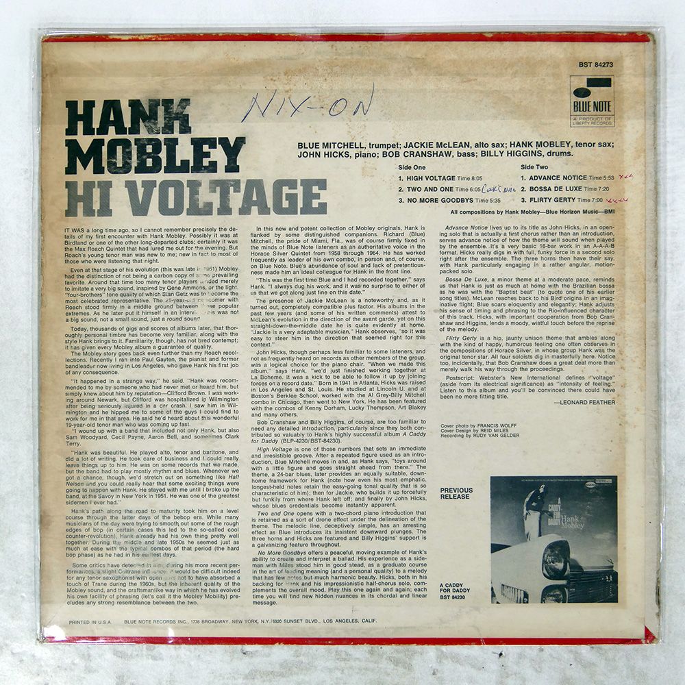 US盤 HANK MOBLEY/HI VOLTAGE/BLUE NOTE BST84273 LP US盤 HANK MOBLEY/HI VOLTAGE/BLUE NOTE BST84273 LP