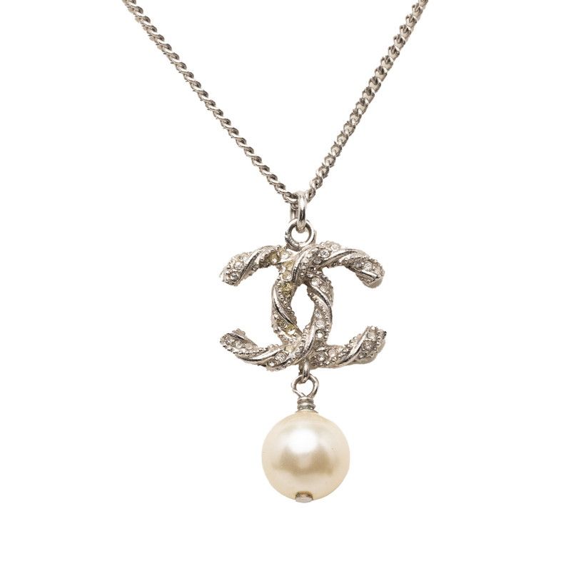 シャネル ココマーク ラインストーン ネックレス シルバー メタル フェイクパール レディース CHANEL【1-0268395】