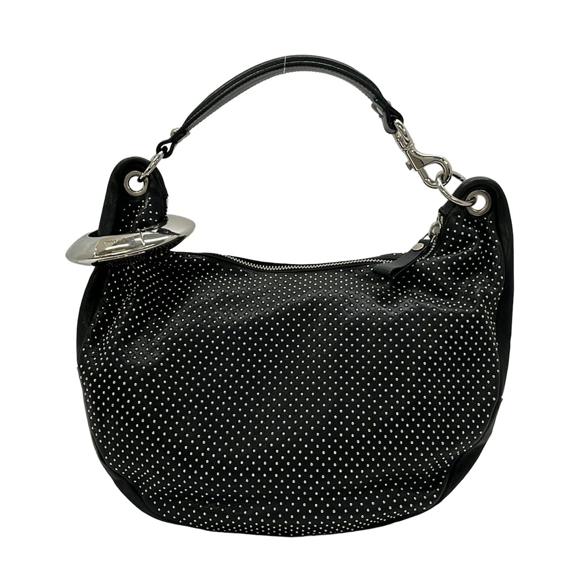 JIMMY CHOO(ジミーチュウ) ハンドバッグ美品 スカイバッグ 黒×シルバー スタッズ/ホログラムシールあり レザー
