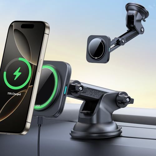 ESR スマホホルダー 車 15W 急速充電 強力吸盤 角度自由調整 再利用可能 超強磁力 充電器 magsafe 車載ホルダー 磁気吸着 2段階調節スタンド ダッシュボード/風防ガラス磁気ワイヤレス車載充電器 マグネット 車 スマホスタンド acfcba90