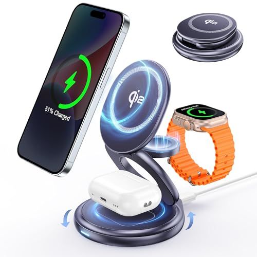 RORRY 3in1 ワイヤレス充電器 MagSafe充電器【15W Qi2認証済み 360°回転式スタンド】折りたたみ式 magsafe対応 自由調整 低温 3台同時充電 マグセーフ qi2 急速充電 マグネット式 iPhone17/16/ 3b154551