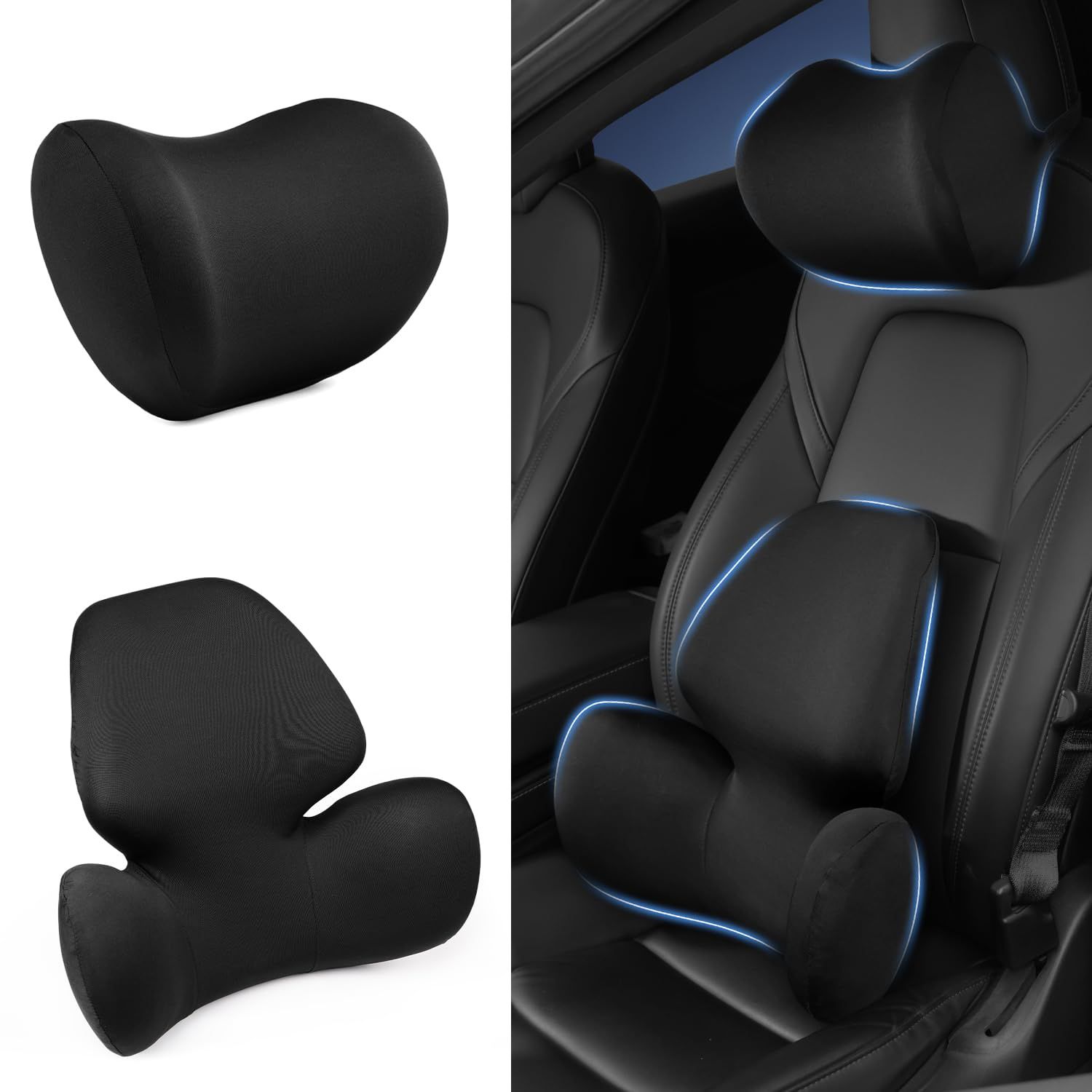 Virauto ヘッドレスト ネックピロー 腰クッション 車用 低反発 記憶フォーム 通気性設計 首 腰 サポート 頸椎 腰痛 対策 くびまくら シートクッション 洗濯可カバー 取付簡単 多車種対応 ネックパッド ランバーサポート 車 枕 カ e8616449