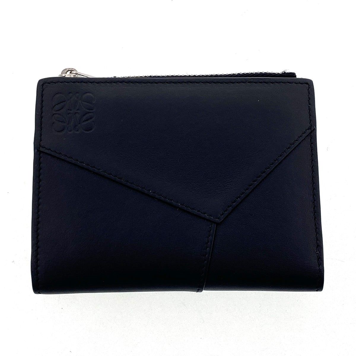 LOEWE ロエベ パズル スリム コンパクト ウォレット 二つ折り財布 C660W73X02 メンズ レザー ブラック 中古
