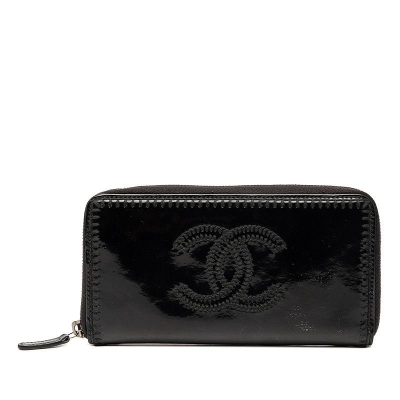 シャネル ココマーク ラウンドファスナー 長財布 ロングウォレット ブラック パテントレザー レディース CHANEL【1-0268641】