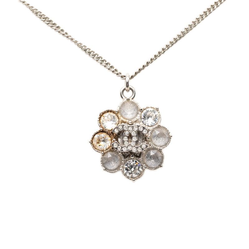 シャネル ココマーク フラワー 花 チェーン ペンダント ネックレス B16V シルバー メタル ラインストーン レディース CHANEL【1-0268644】