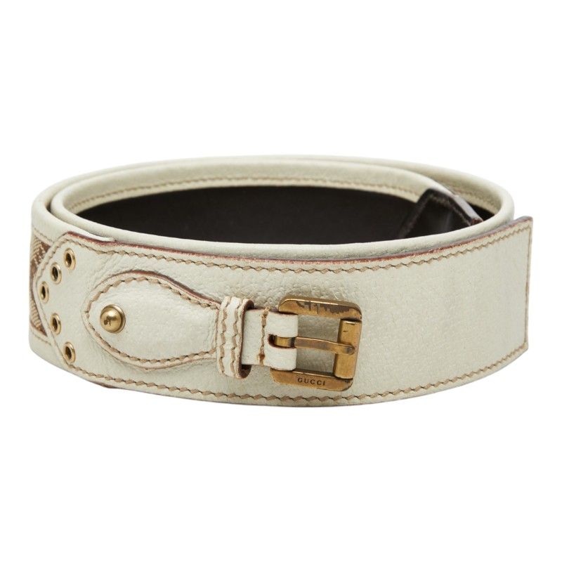 グッチ GGキャンバス ベルト サイズ:80/32 144195 ベージュ アイボリー キャンバス レザー レディース GUCCI【1-0271241】