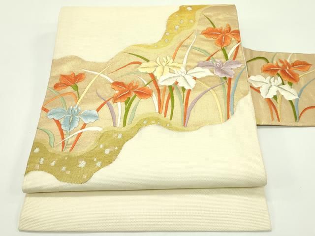 平和屋着物＊夏物　九寸名古屋帯　刺繍　杜若　金銀糸　正絹　逸品　CABF4640rv