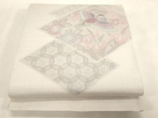 平和屋着物●中国三大刺繍　スワトウ刺繍　相良刺繍　総刺繍　太鼓柄袋帯　紬地　菱花鳥文　正絹　逸品　CABG3045dy