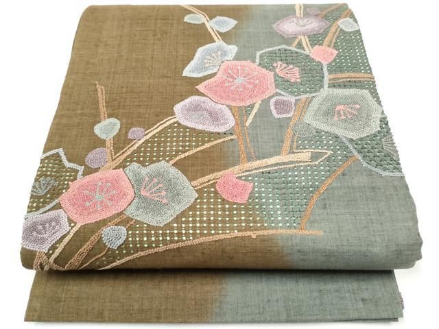 平和屋着物●中国三大刺繍　スワトウ・相良刺繍　総刺繍　太鼓柄袋帯　紬地　枝梅文　正絹　逸品　CABG9010hy