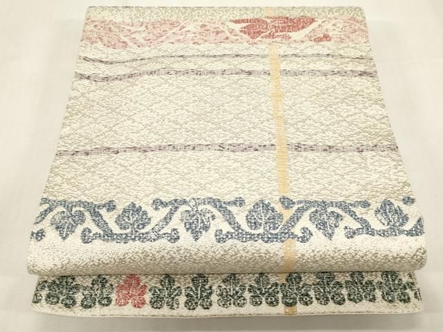 平和屋着物●本場筑前博多織 八寸名古屋帯 横段草木鳥文 銀糸 正絹 逸品 未使用 CABG2819dy