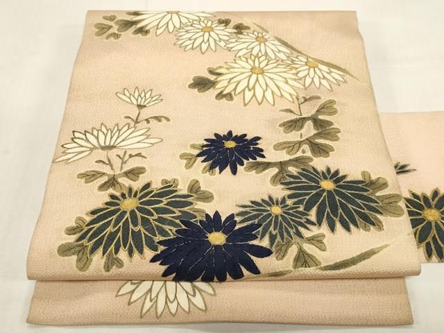 平和屋着物●九寸名古屋帯　手描き　駒刺繍　草花文　鬼しぼ縮緬　正絹　逸品　CABG2827dy
