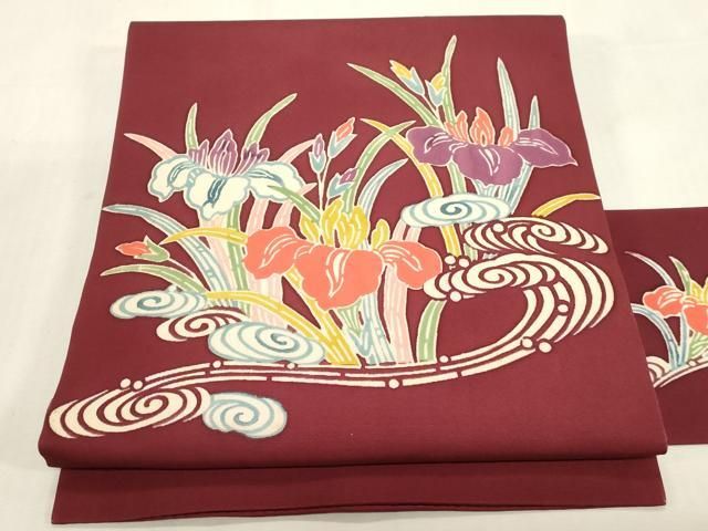 平和屋着物●塩瀬 九寸名古屋帯 型染め 流水草花文 正絹 逸品 CABG2829dy