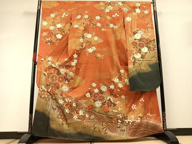 平和屋着物●豪華振袖 駒刺繍 花蝶文 暈し染め 金彩 正絹 逸品 AABI1495fy
