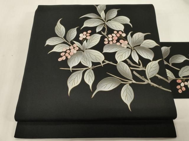 平和屋着物●塩瀬　九寸名古屋帯　南天文　黒地　金彩　正絹　逸品　CABG2838dy 26,572円