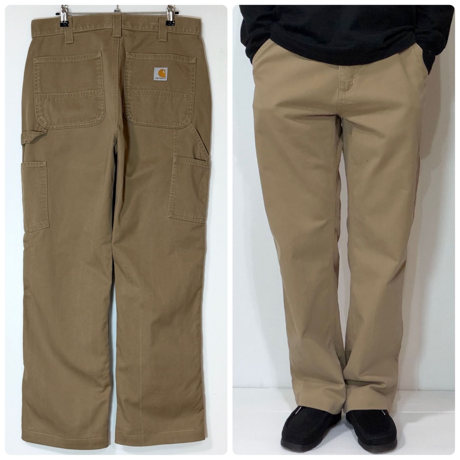 美品 良サイズ US企画 Carhartt B324 DKH Relaxed Fit カーハート コットンツイル ペインターパンツ リラックスフィット W32L34実寸W32.5L30 ダークカーキ ベージュ ワークパンツ 厚手 アメリカ買付p26043589