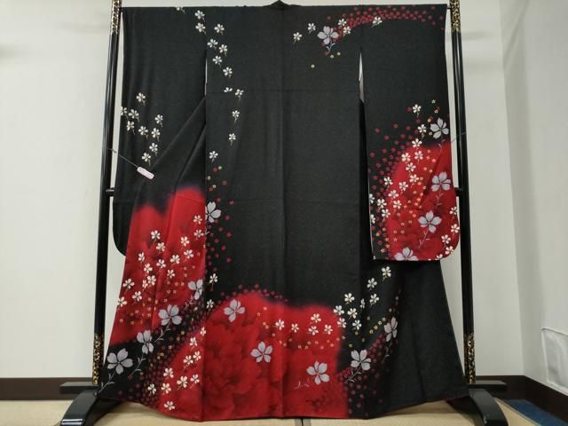 平和屋着物●豪華振袖 牡丹舞花文 ラメ糸 黒地 銀通し地 正絹 逸品 CABE3152yc