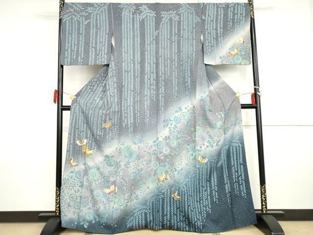 平和屋着物●訪問着 辻が花 駒刺繍 花蝶文 暈し染め 金彩 金通し地 正絹 逸品 AABI2576cs