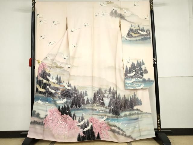 平和屋着物●近代日本画の巨匠 横山大観 じゅらく謹製 振袖 手描き 大観好み 飛鶴京風景文 桜 暈し染め 金彩 正絹 逸品 AABI2579cs