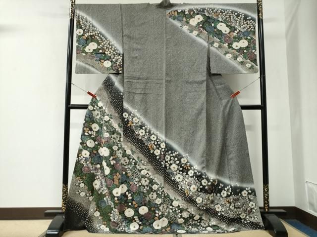 平和屋着物●訪問着　絞り　椿草花文　暈し染め　黒地　金通し地　ロング丈　正絹　逸品　CABE3169yc