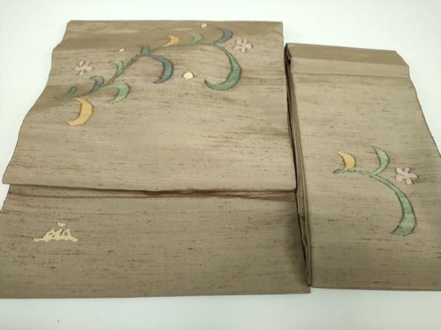 平和屋着物●絲藝苑　上島洋山　つけ帯　紬地　草花文　正絹　逸品　未使用　DABE5617ps