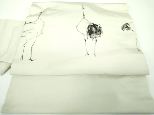 平和屋着物●塩瀬　つけ帯　手描き　立鶴　正絹　逸品　DABE5618ps