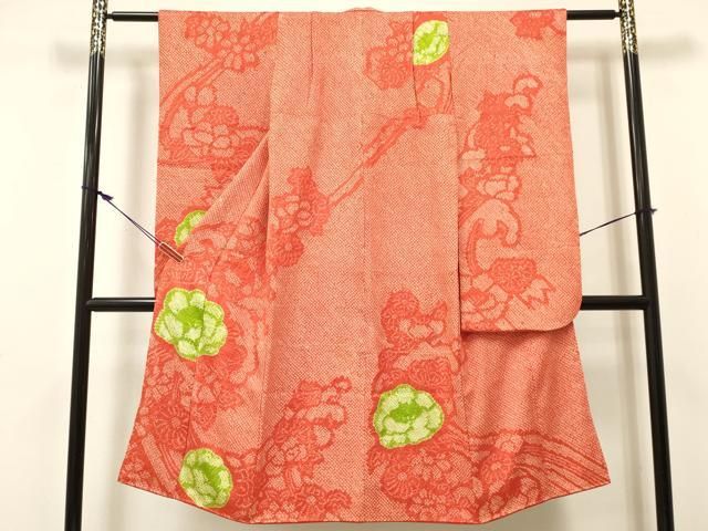 平和屋着物[]七五三　女の子　７歳　祝着　四つ身　総絞り　草花文　逸品　DABE7082ma