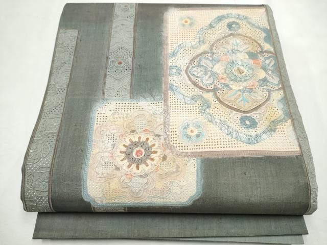平和屋着物●中国三大刺繍 スワトウ相良刺繍 太鼓柄袋帯 紬地 色紙重ね花文 金彩 正絹 逸品 CABF8745hy