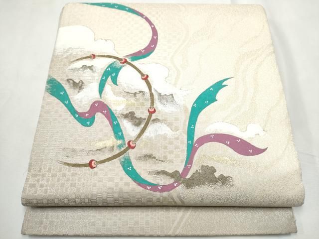 平和屋着物●太鼓柄袋帯 霞吉祥文 金糸 正絹 逸品 CABF8751hy