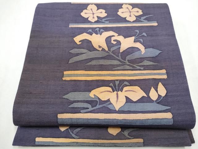 平和屋着物●六通柄袋帯 作家物 紬地 ろうけつ染 枝花文 正絹 逸品 CABF8752hy