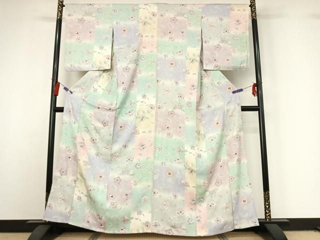 平和屋着物▽上質な小紋 単衣 更紗花鳥文 暈し染め 金彩 正絹 逸品