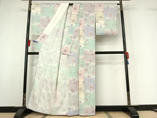 平和屋着物▽上質な小紋　単衣　切嵌更紗花文　正絹　逸品　AAAU6460iu 平和屋着物▽上質な小紋 単衣 更紗花鳥文 暈し染め 金彩 正絹 逸品