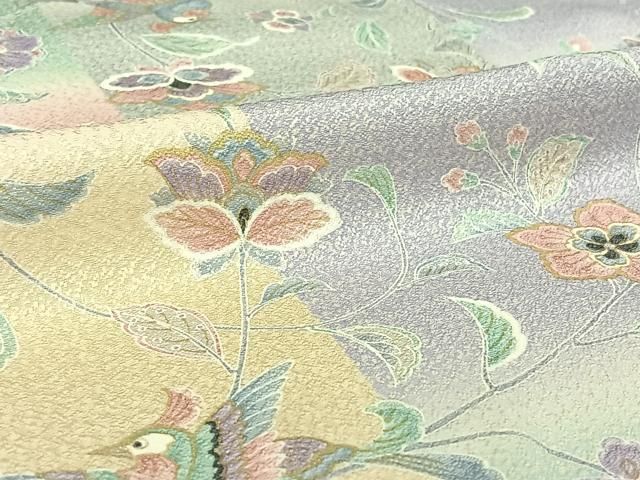 平和屋着物▽上質な小紋　単衣　更紗花蝶文　やまと誂製　正絹　逸品　BAAT0411yt 平和屋着物▽上質な小紋 単衣 更紗花鳥文 暈し染め 金彩 正絹 逸品
