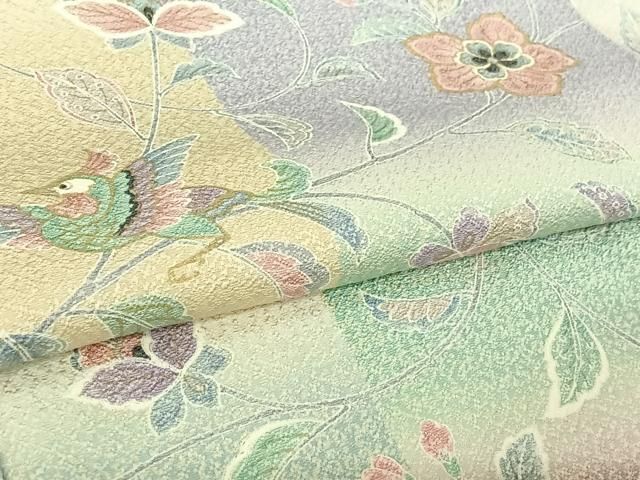 平和屋着物▽上質な小紋　単衣　草花文　ロング丈　正絹　逸品　AABD6061jh 平和屋着物▽上質な小紋 単衣 更紗花鳥文 暈し染め 金彩 正絹 逸品