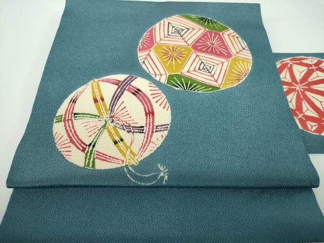 平和屋着物●九寸名古屋帯　型染　手毬　鬼しぼ縮緬　三越扱い　正絹　逸品　DABE5608ps