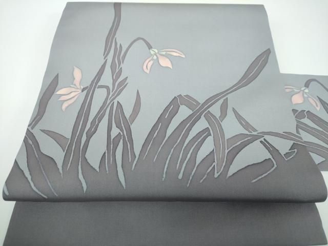 平和屋着物●塩瀬　九寸名古屋帯　ろうけつ染め　草花文　正絹　逸品　DABE5352ps