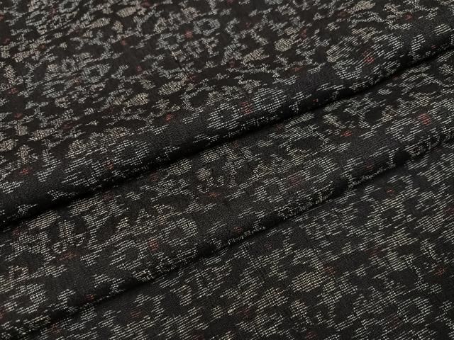 平和屋着物●結城ちぢみ　草花文　黒地　正絹　逸品　AABI3033ph