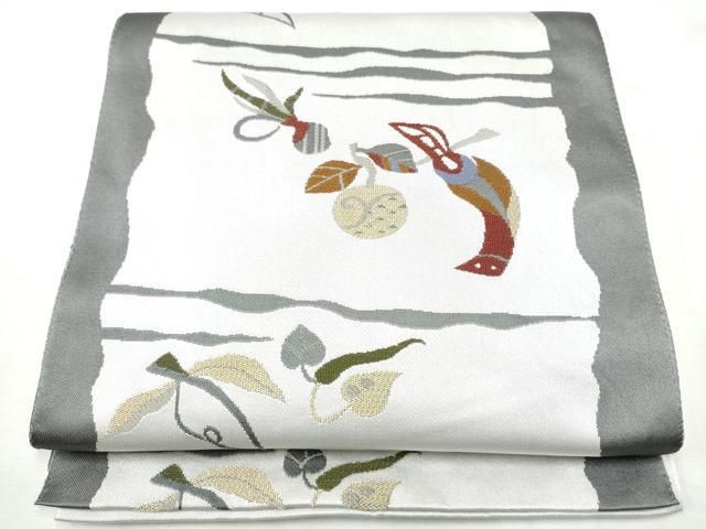 平和屋着物●八寸名古屋帯　休み鳥枝葉文　正絹　逸品　CABF8697hy