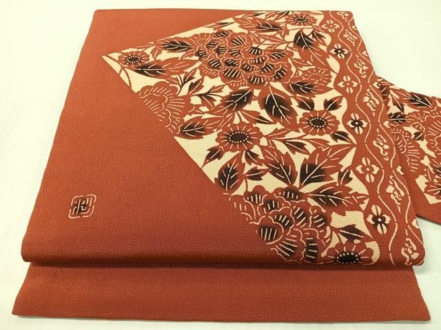 平和屋着物●九寸名古屋帯　作家物　型染め　草木手染　色紙更紗花文　鬼しぼ縮緬　正絹　逸品　CABG1722vp