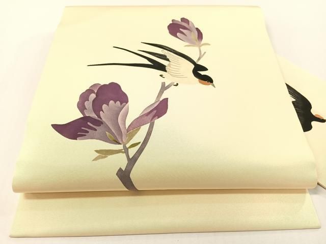平和屋着物●塩瀬　九寸名古屋帯　手描き　燕花文　正絹　逸品　CABG1655vp