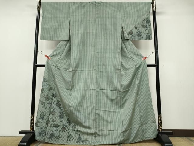 平和屋着物●訪問着　紬地　縞　花唐草文　正絹　逸品　CABF3491ut