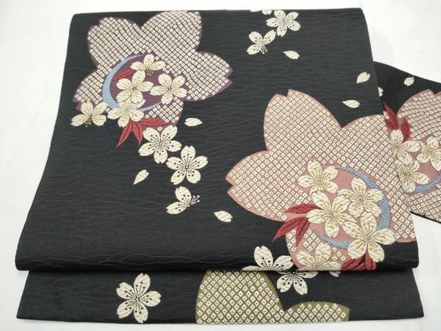 平和屋着物●九寸名古屋帯　唐織　舞桜文　黒地　正絹　逸品　CABF8690hy