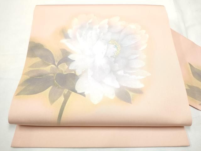 平和屋着物●塩瀬　九寸名古屋帯　作家物　手描き　枝牡丹　金彩　正絹　逸品　CABF8694hy