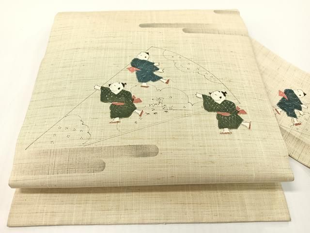 平和屋着物●九寸名古屋帯　紬地　手描き　パッチワーク　唐子遊び　正絹　逸品　CABG1618vp