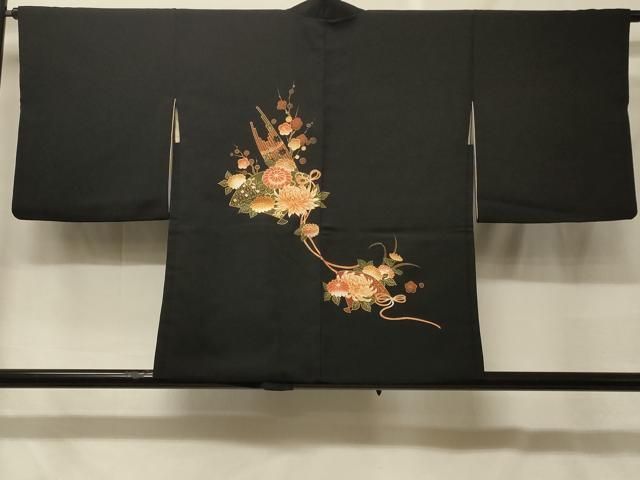 平和屋着物＃羽織　扇面草花文　黒地　金彩　正絹　逸品　CABF8894in