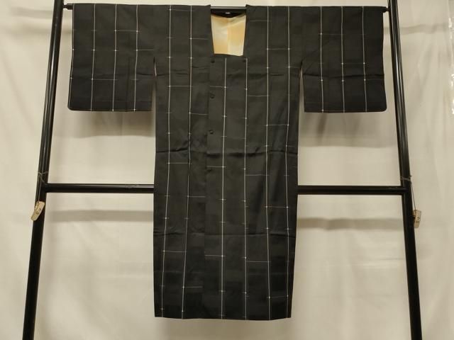 平和屋着物＃道行コート　雨コート　単衣　格子柄　黒地　ロング丈　正絹　逸品　CABF8895in