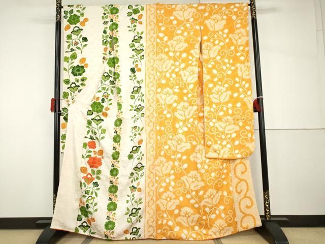 平和屋着物●豪華振袖　片身替わり　駒刺繍　絞り　更紗花鳥文　金彩　正絹　逸品　AABH8845cs