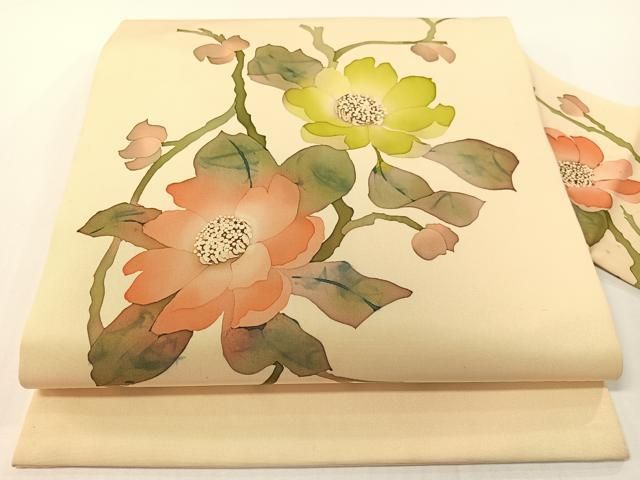 平和屋着物●塩瀬　九寸名古屋帯　ろうけつ染め　枝花文　正絹　逸品　CABF0790vp